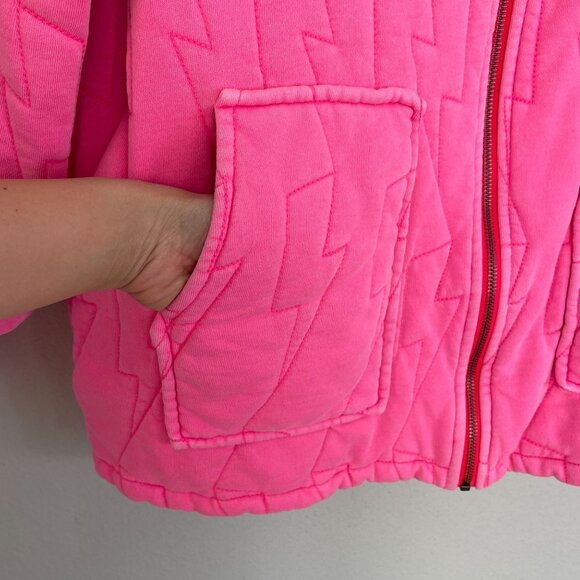 Scamp&Dude S/M Neon Pink Lightning Bolt Oversized Quilted Bomber Jacket Organic - Picture 12 of 16